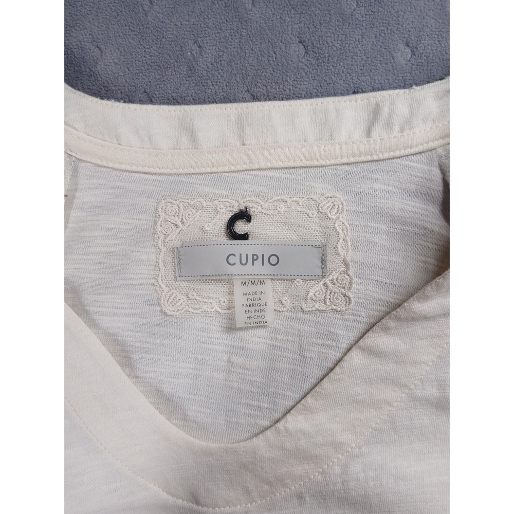 Cupio Womens Medium White V-Neck Top Embroidered Puff Raglan Sleeve Slub Knit - Picture 2 of 5